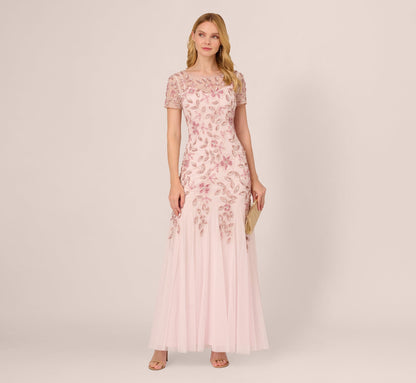 Hand Beaded Short Sleeve Floral Godet Gown In Blush Pink