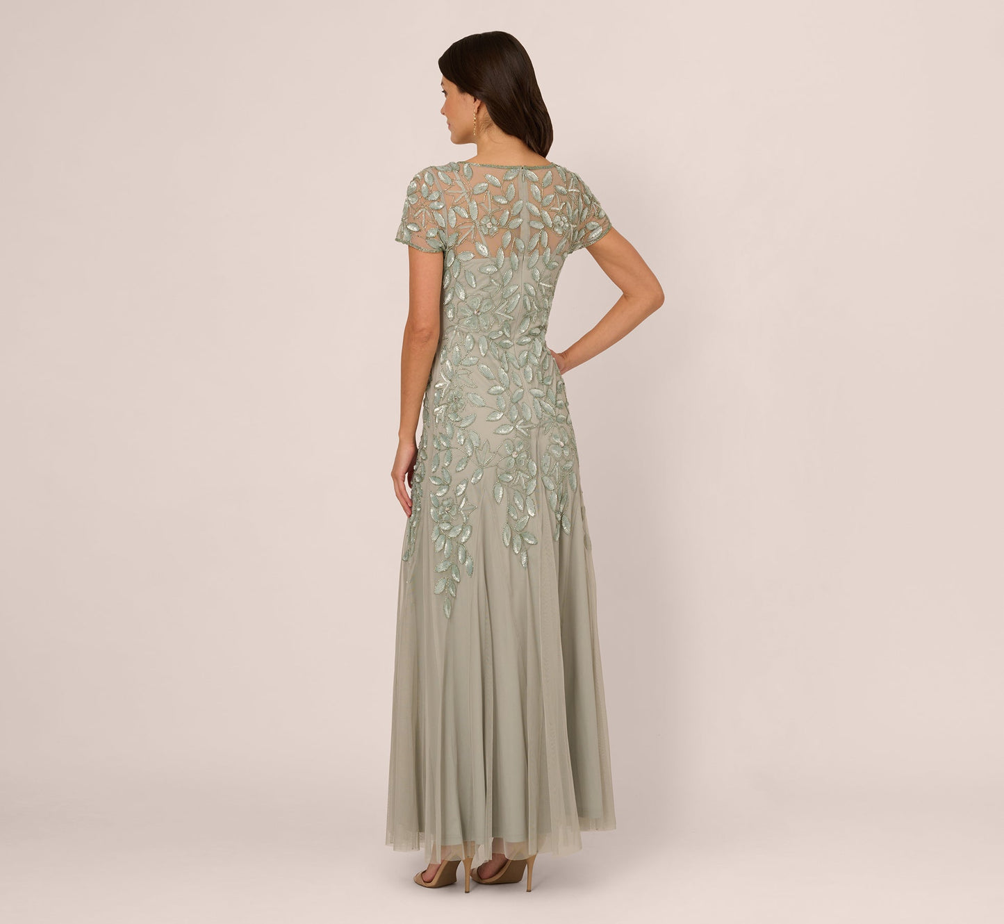 Hand Beaded Short Sleeve Floral Godet Gown In Frosted Sage