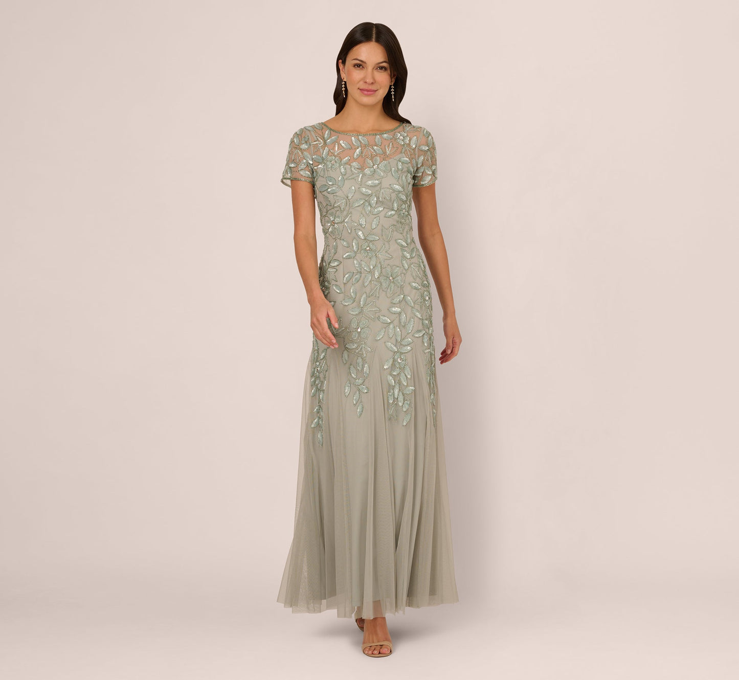 Hand Beaded Short Sleeve Floral Godet Gown In Frosted Sage
