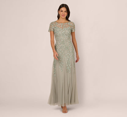 Hand Beaded Short Sleeve Floral Godet Gown In Frosted Sage