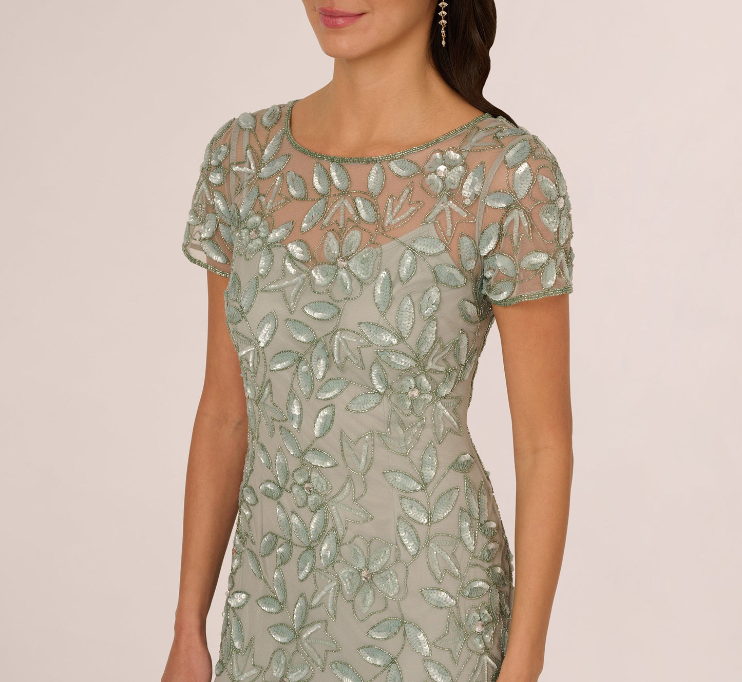Hand Beaded Short Sleeve Floral Godet Gown In Frosted Sage