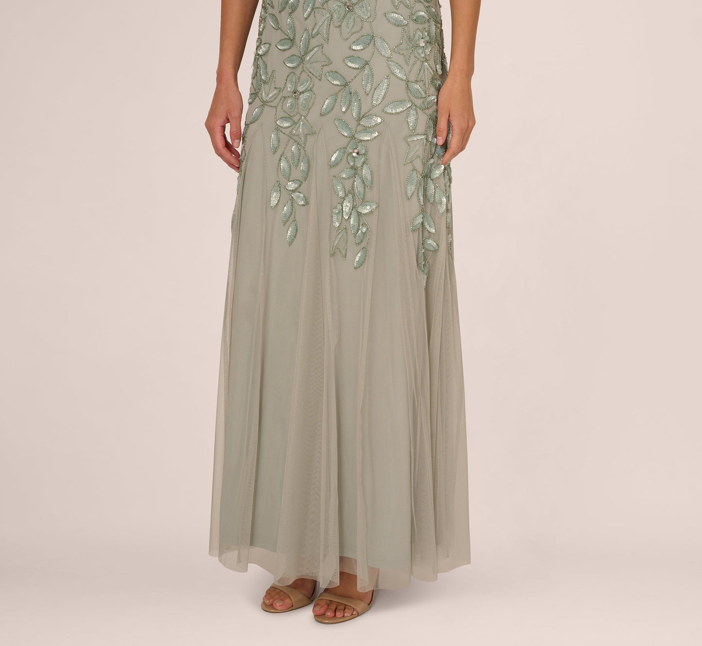 Hand Beaded Short Sleeve Floral Godet Gown In Frosted Sage