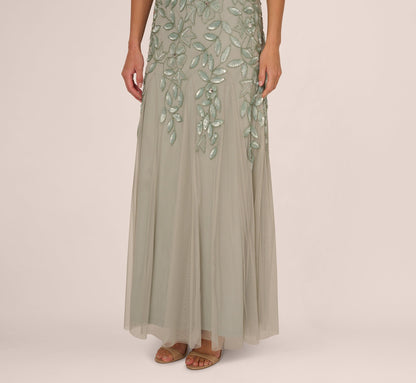 Hand Beaded Short Sleeve Floral Godet Gown In Frosted Sage