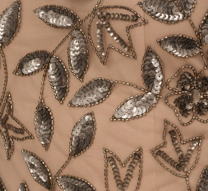 Hand Beaded Short Sleeve Floral Godet Gown In Mercury Nude