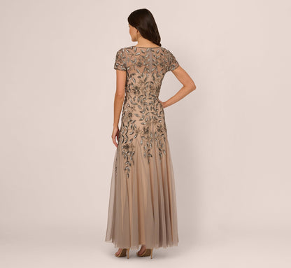 Hand Beaded Short Sleeve Floral Godet Gown In Mercury Nude