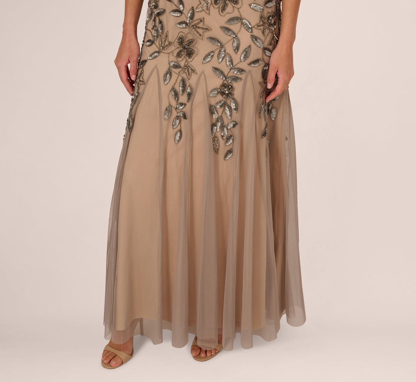 Hand Beaded Short Sleeve Floral Godet Gown In Mercury Nude