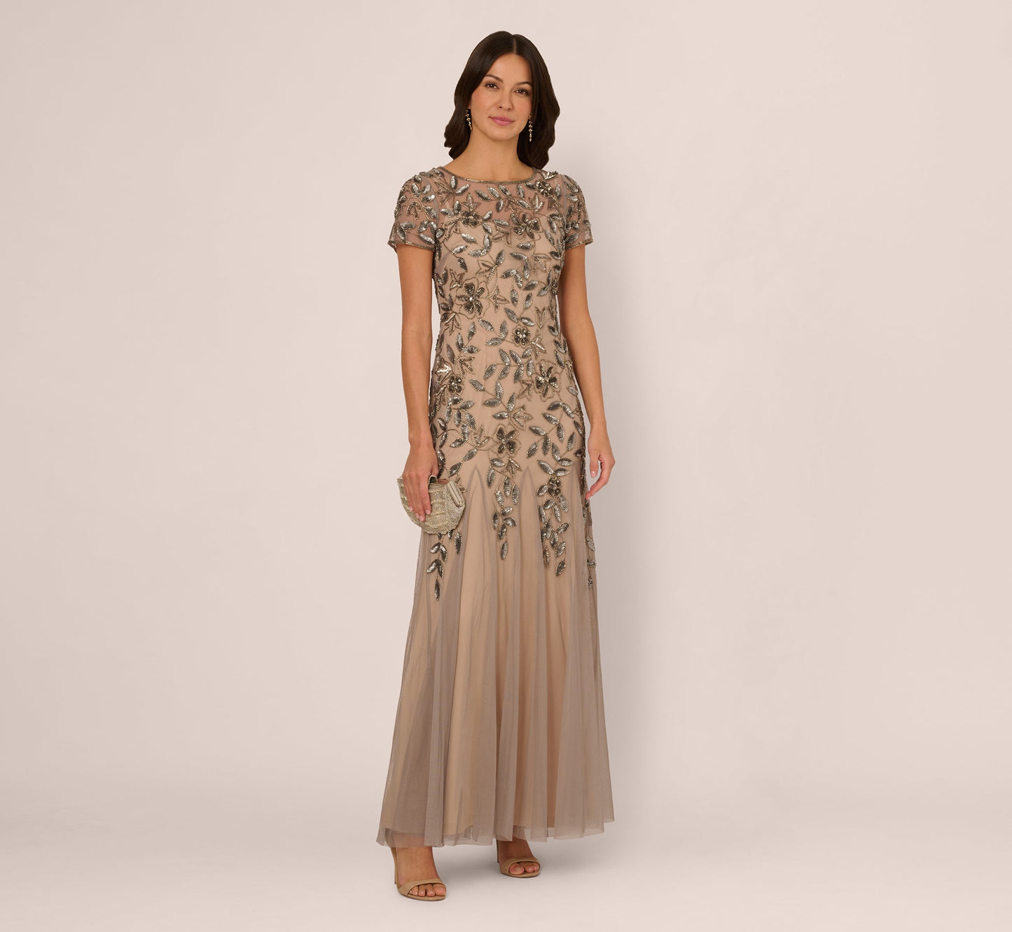 Hand Beaded Short Sleeve Floral Godet Gown In Mercury Nude