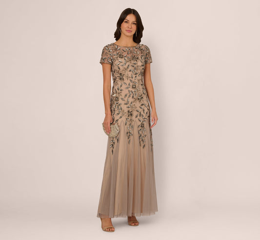 Hand Beaded Short Sleeve Floral Godet Gown In Mercury Nude