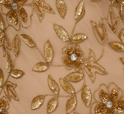 Plus Size Hand Beaded Short Sleeve Floral Godet Gown In Champagne Gold