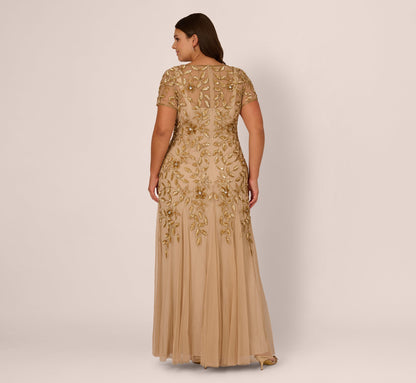 Plus Size Hand Beaded Short Sleeve Floral Godet Gown In Champagne Gold