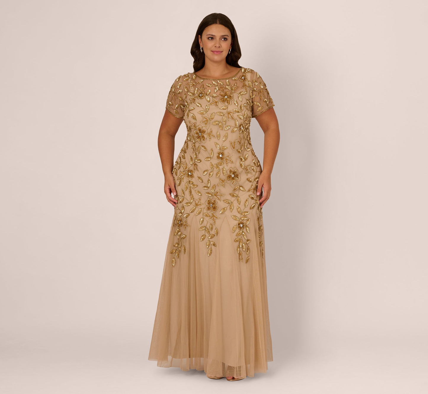 Plus Size Hand Beaded Short Sleeve Floral Godet Gown In Champagne Gold