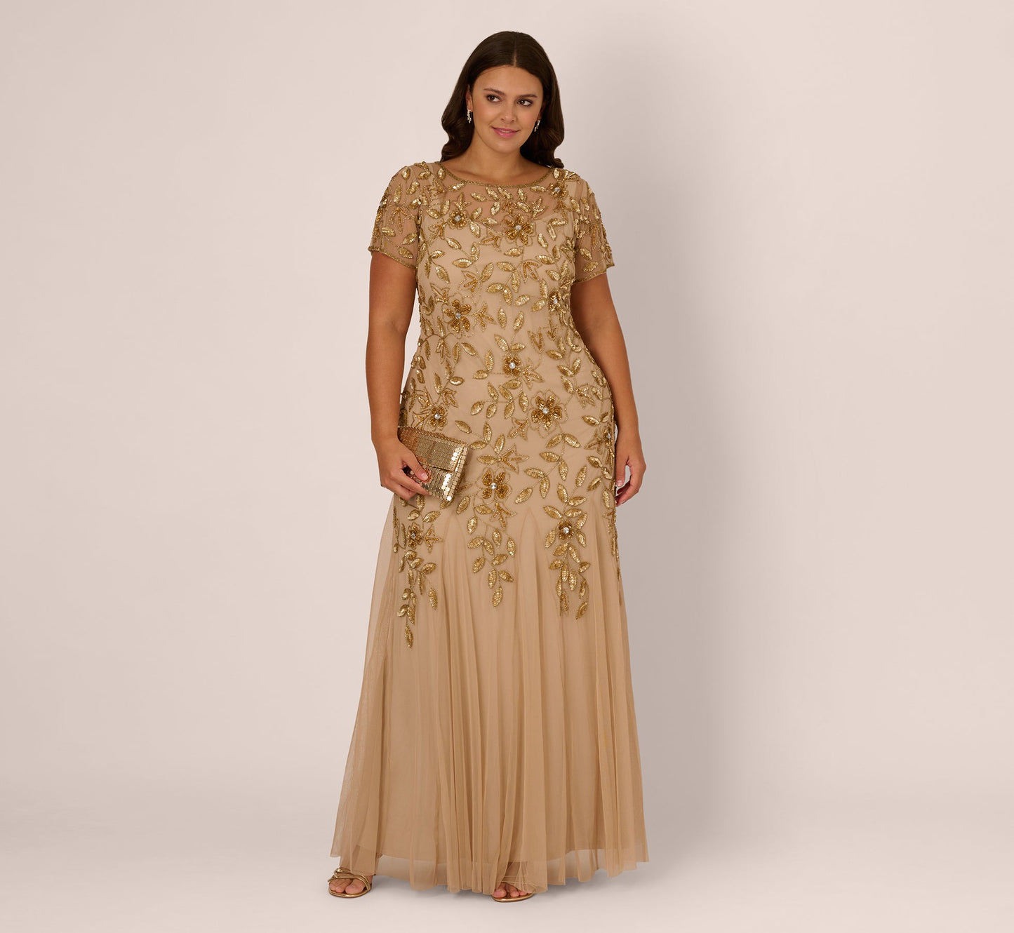 Plus Size Hand Beaded Short Sleeve Floral Godet Gown In Champagne Gold