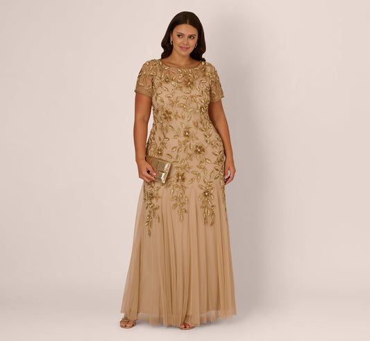 Plus Size Hand Beaded Short Sleeve Floral Godet Gown In Champagne Gold