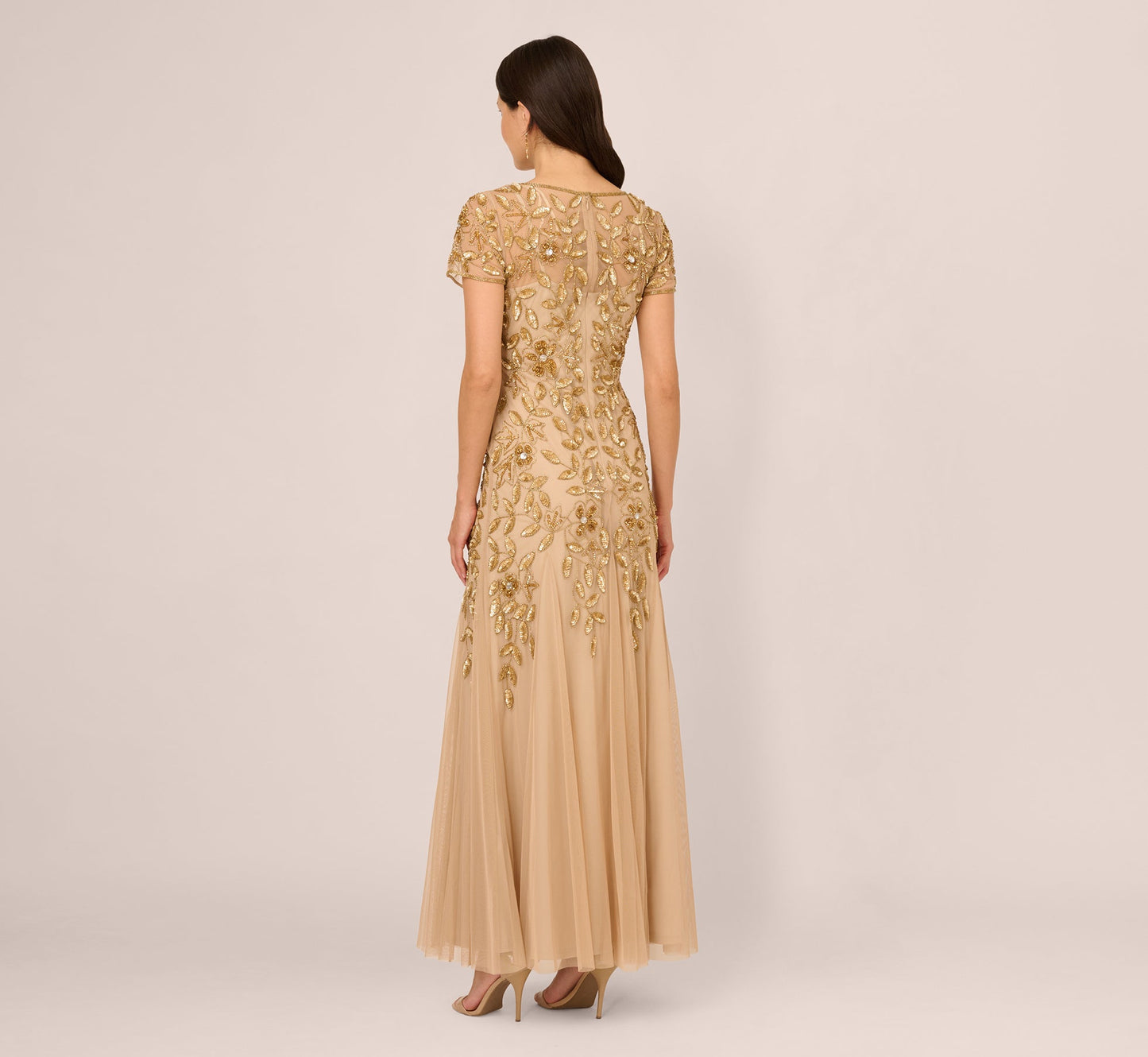 Hand Beaded Short Sleeve Floral Godet Gown In Champagne Gold