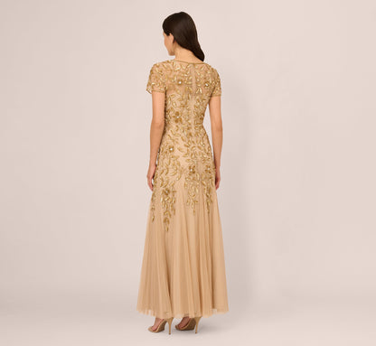 Hand Beaded Short Sleeve Floral Godet Gown In Champagne Gold
