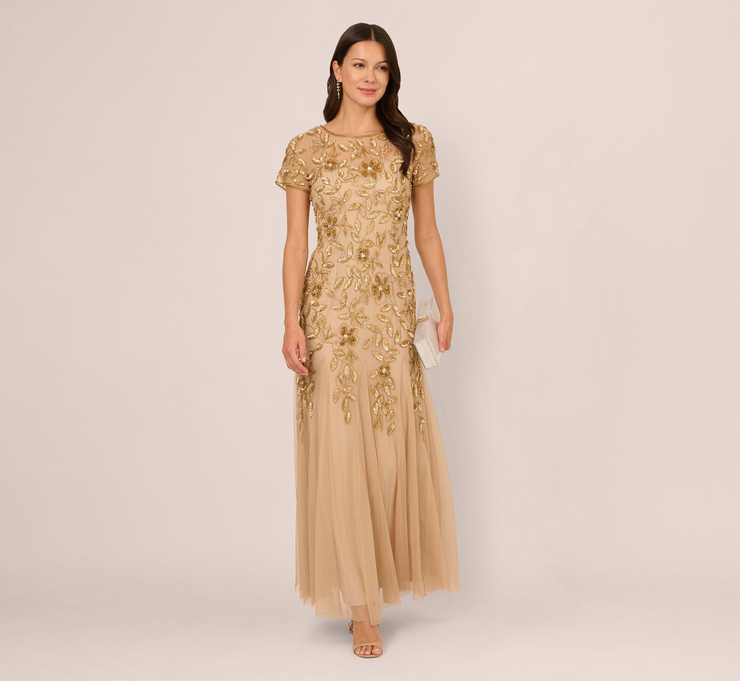 Hand Beaded Short Sleeve Floral Godet Gown In Champagne Gold