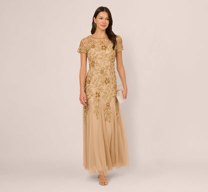 Hand Beaded Short Sleeve Floral Godet Gown In Champagne Gold