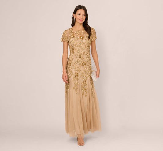 Hand Beaded Short Sleeve Floral Godet Gown In Champagne Gold