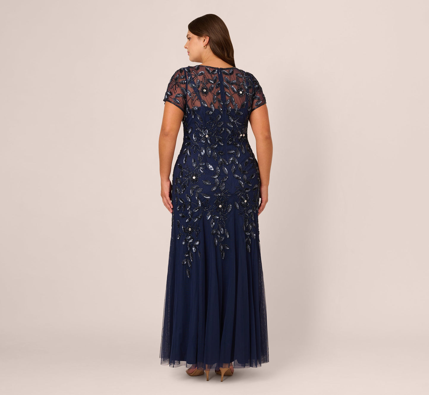 Plus Size Hand Beaded Short Sleeve Floral Godet Gown In Light Navy