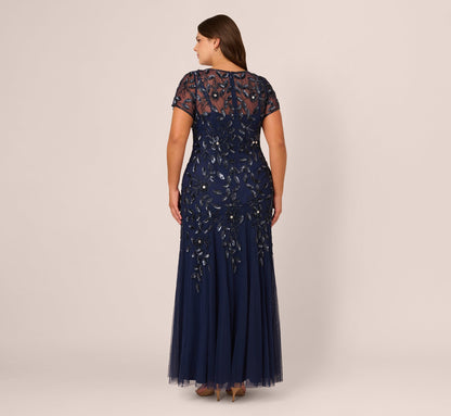 Plus Size Hand Beaded Short Sleeve Floral Godet Gown In Light Navy