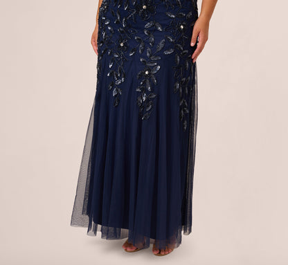 Plus Size Hand Beaded Short Sleeve Floral Godet Gown In Light Navy