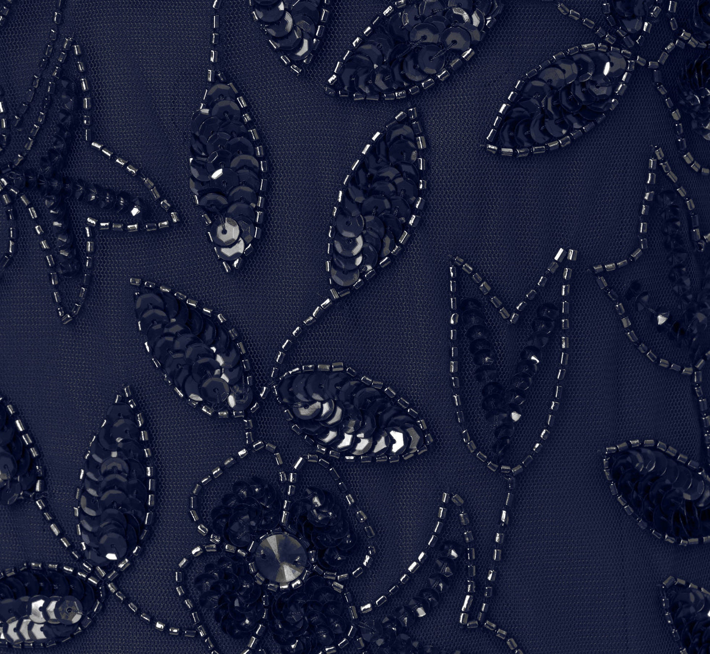 Hand Beaded Short Sleeve Floral Godet Gown In Light Navy