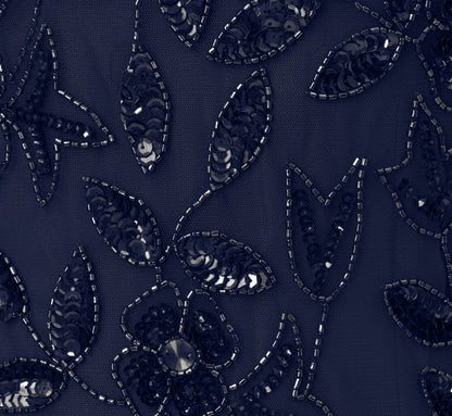 Hand Beaded Short Sleeve Floral Godet Gown In Light Navy