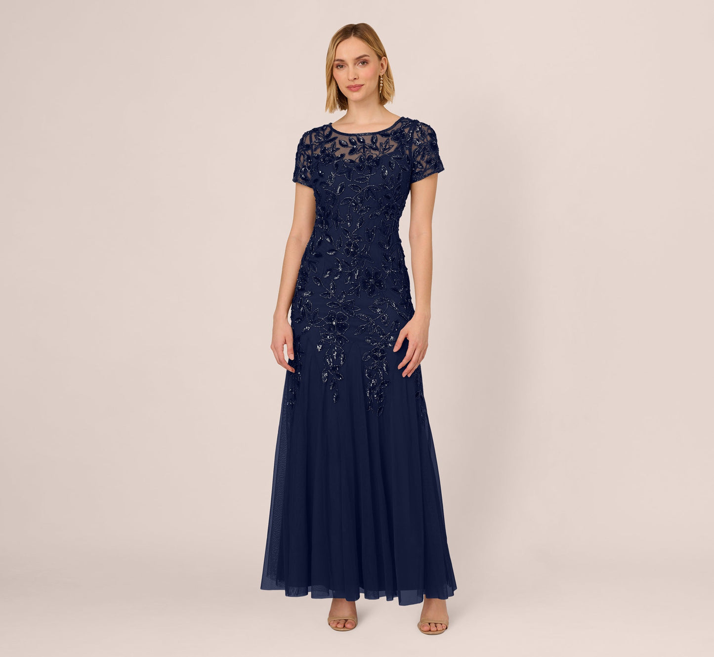 Hand Beaded Short Sleeve Floral Godet Gown In Light Navy