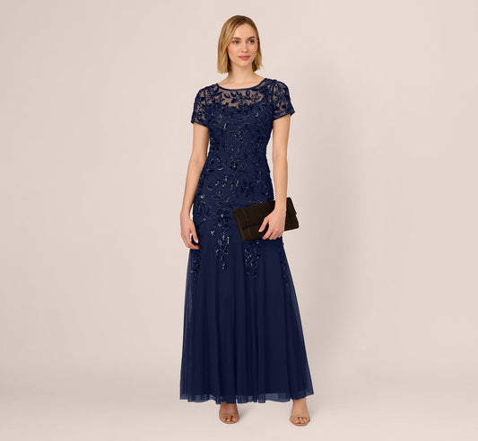Hand Beaded Short Sleeve Floral Godet Gown In Light Navy