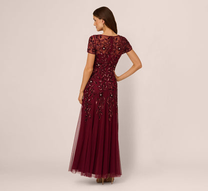 Hand Beaded Short Sleeve Floral Godet Gown In Mahogany