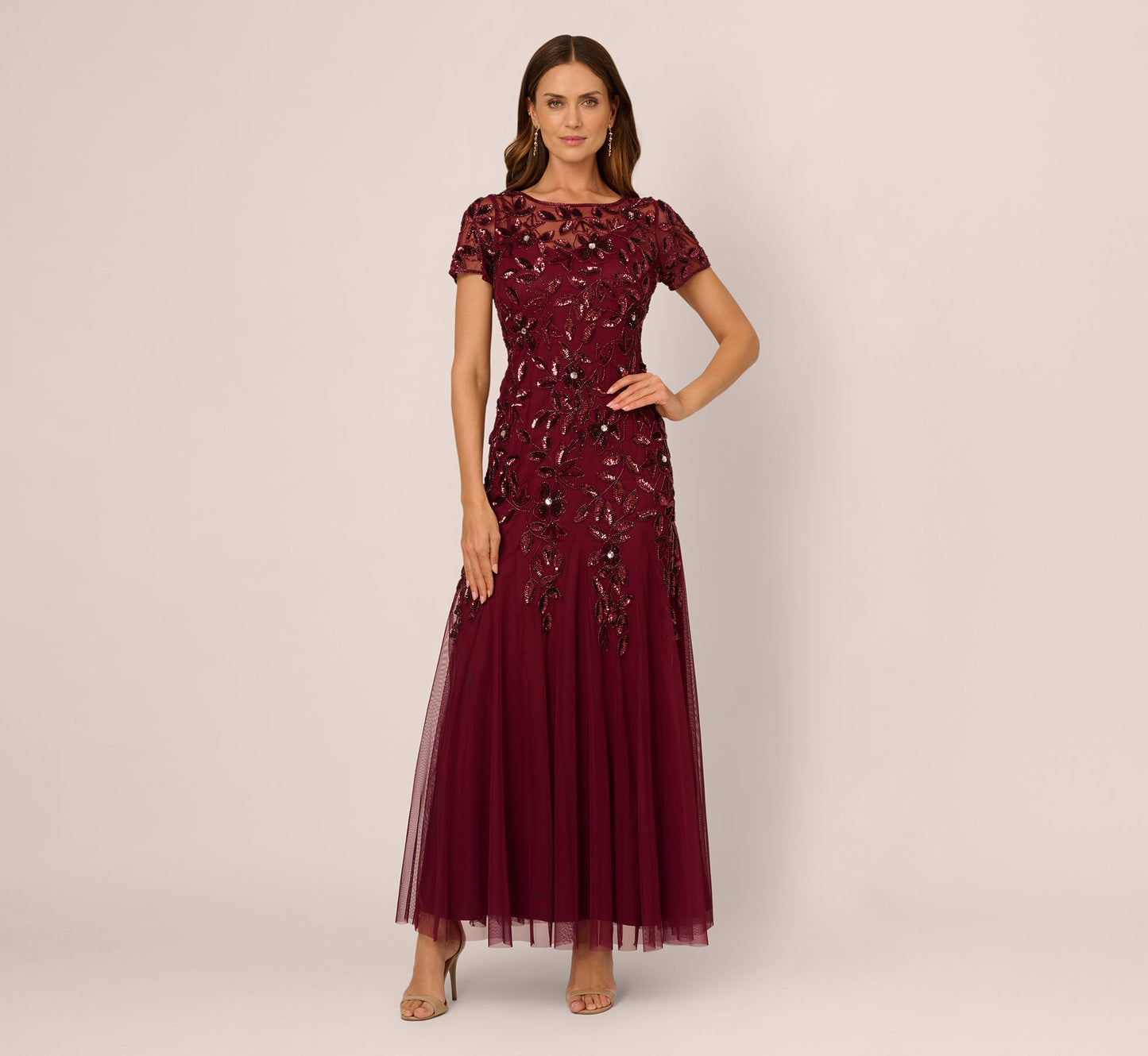Hand Beaded Short Sleeve Floral Godet Gown In Mahogany