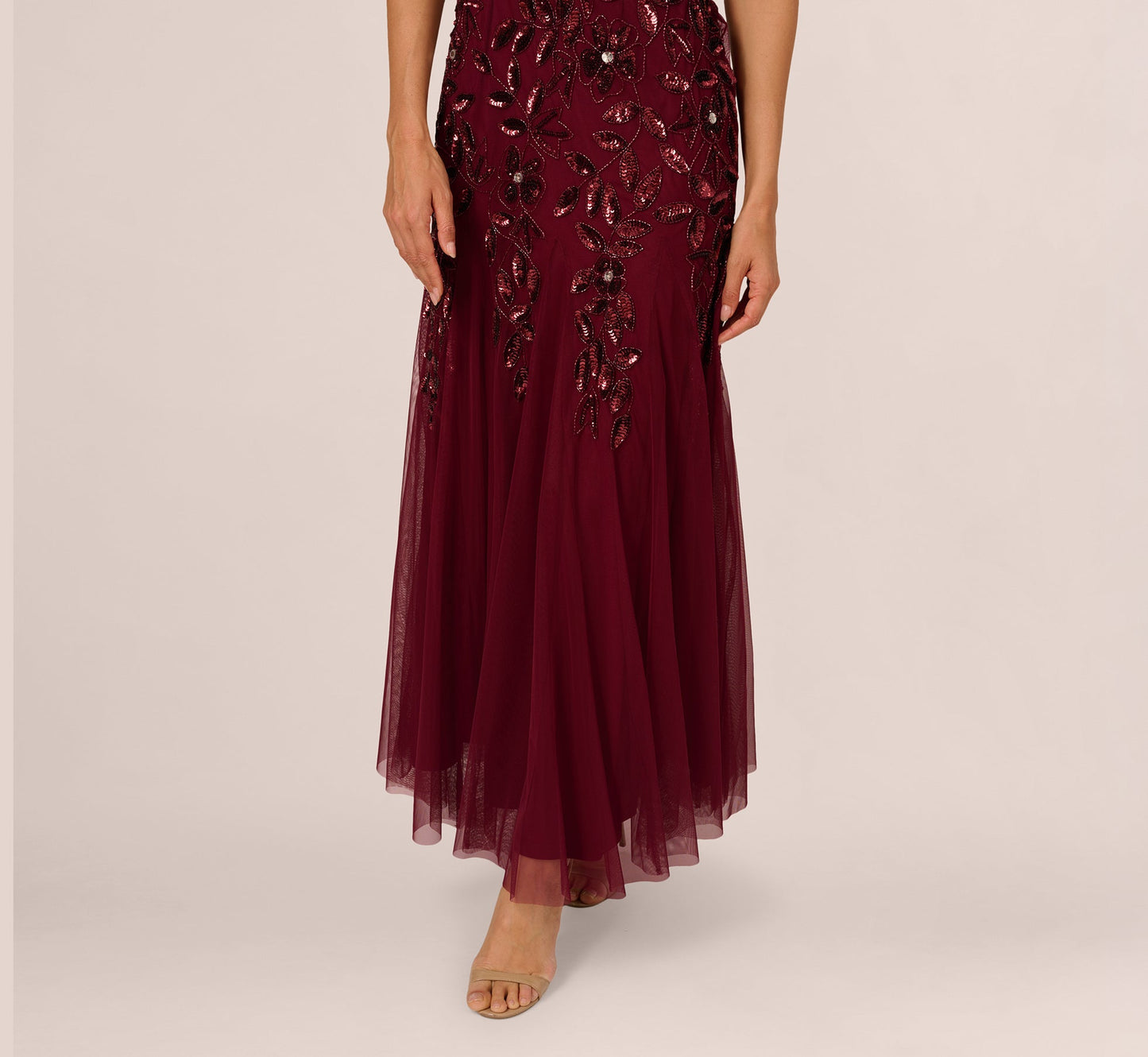 Hand Beaded Short Sleeve Floral Godet Gown In Mahogany