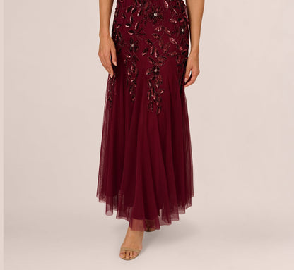 Hand Beaded Short Sleeve Floral Godet Gown In Mahogany
