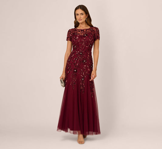 Hand Beaded Short Sleeve Floral Godet Gown In Mahogany