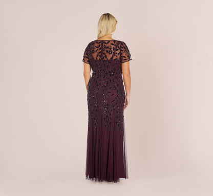 Plus Size Hand Beaded Short Sleeve Floral Godet Gown In Night Plum