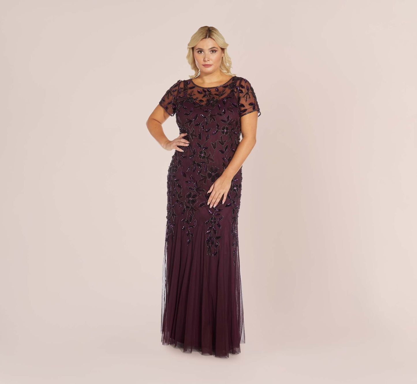 Plus Size Hand Beaded Short Sleeve Floral Godet Gown In Night Plum