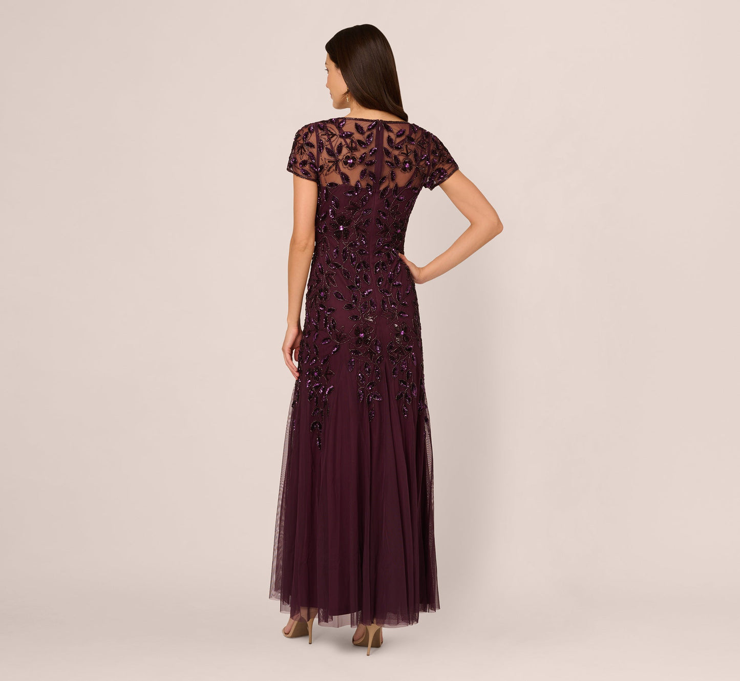 Hand Beaded Short Sleeve Floral Godet Gown In Night Plum