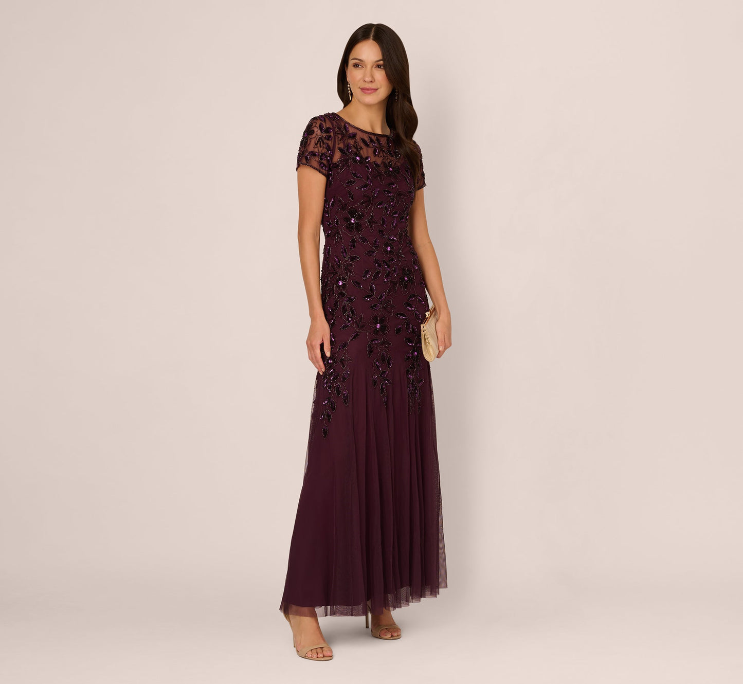 Hand Beaded Short Sleeve Floral Godet Gown In Night Plum