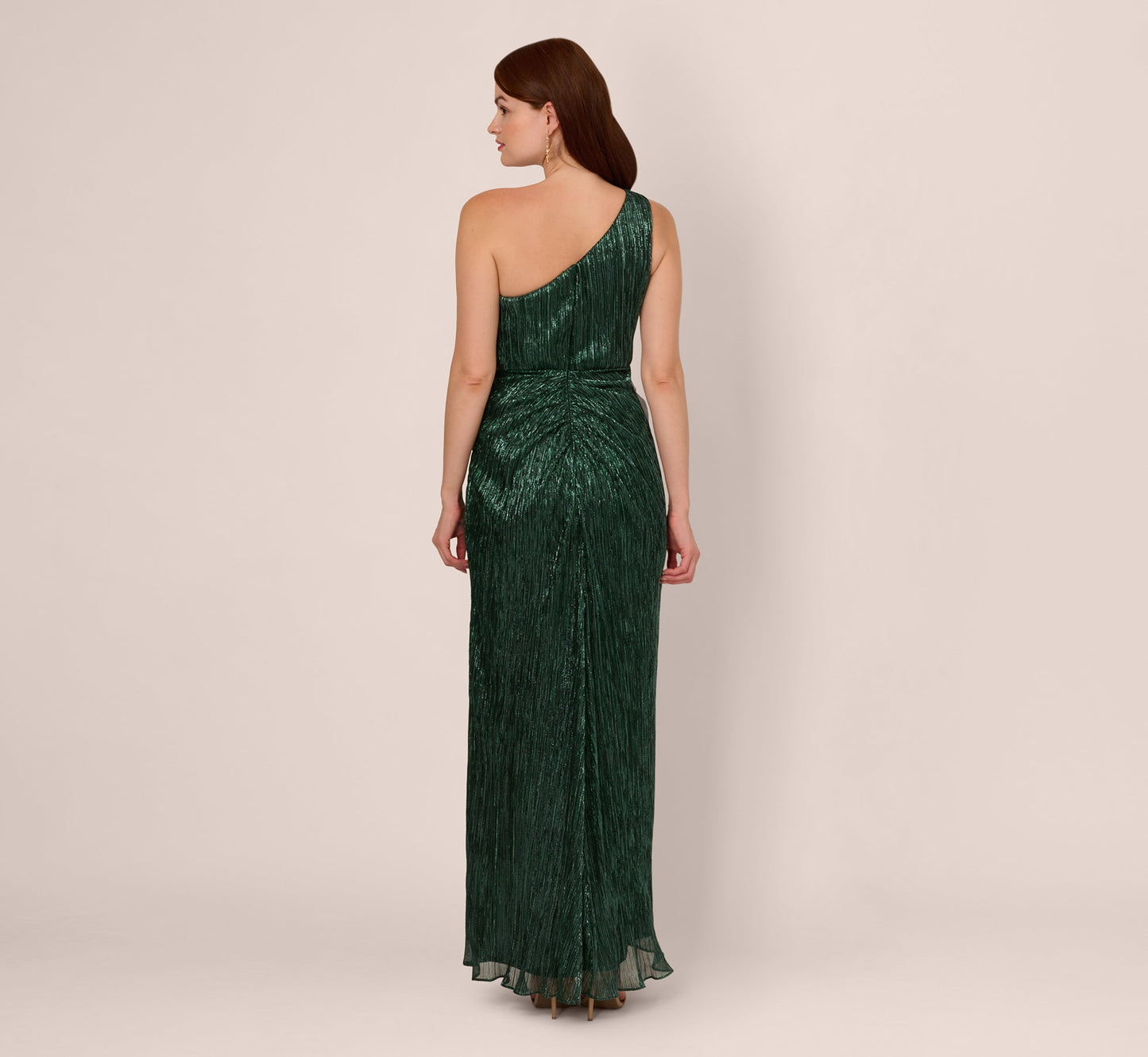 Stardust Pleated Draped One Shoulder Gown In Green Pine
