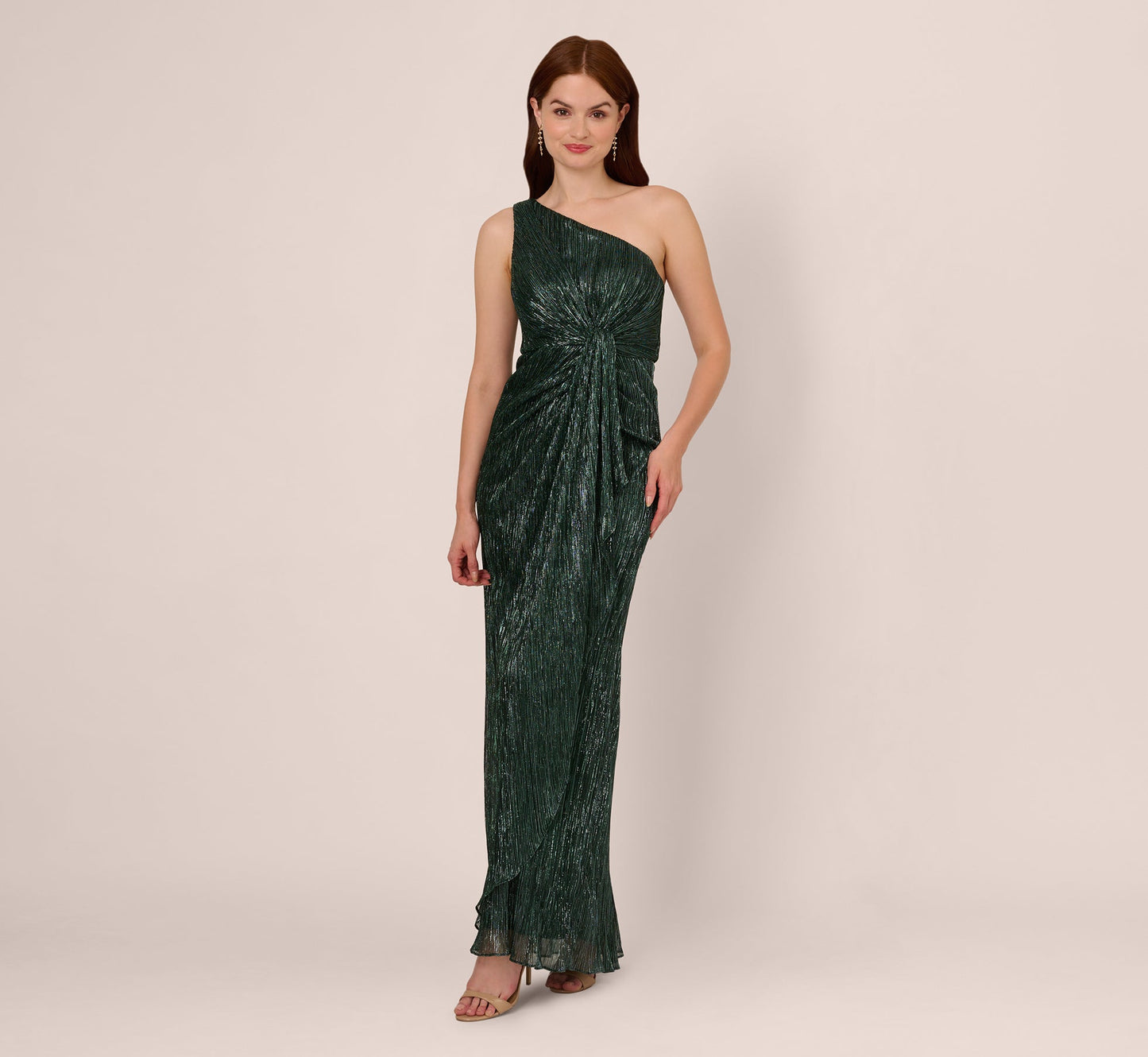 Stardust Pleated Draped One Shoulder Gown In Green Pine
