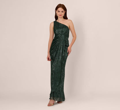 Stardust Pleated Draped One Shoulder Gown In Green Pine