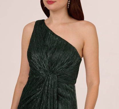 Stardust Pleated Draped One Shoulder Gown In Green Pine