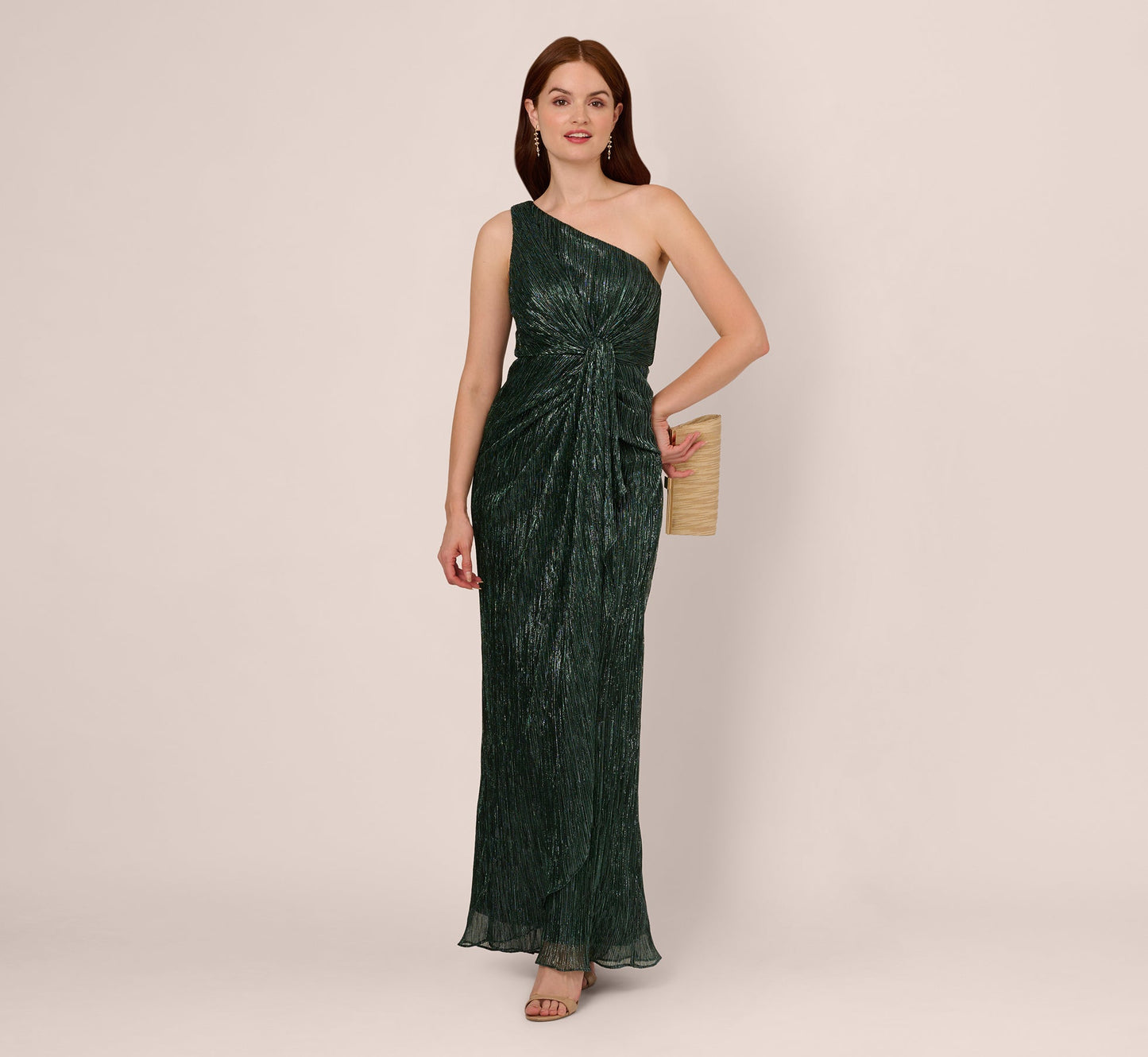Stardust Pleated Draped One Shoulder Gown In Green Pine