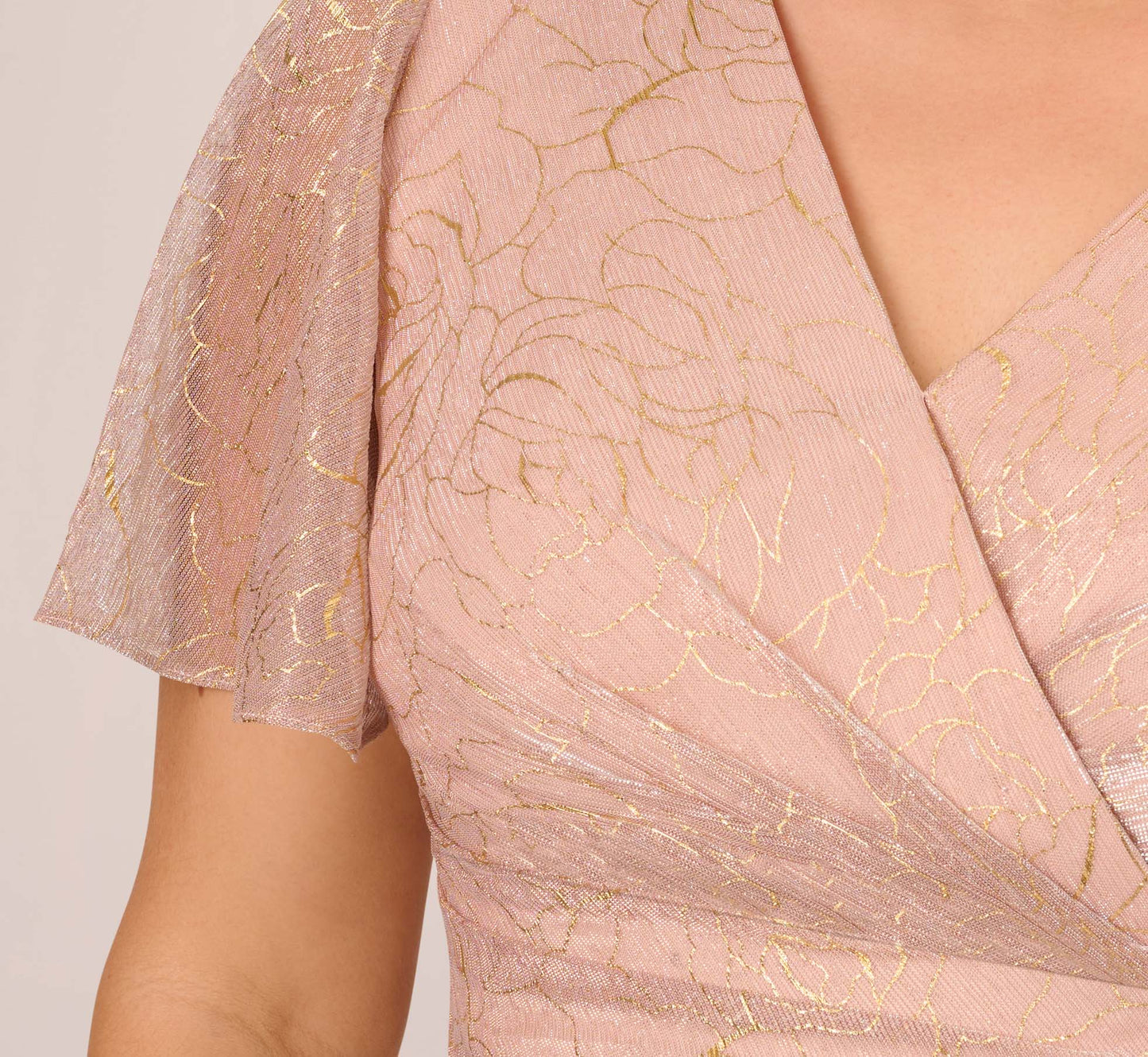 Plus Size Metallic Mesh Draped Gown In Rose Gold