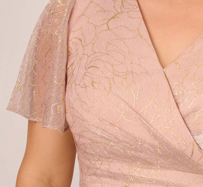 Plus Size Metallic Mesh Draped Gown In Rose Gold