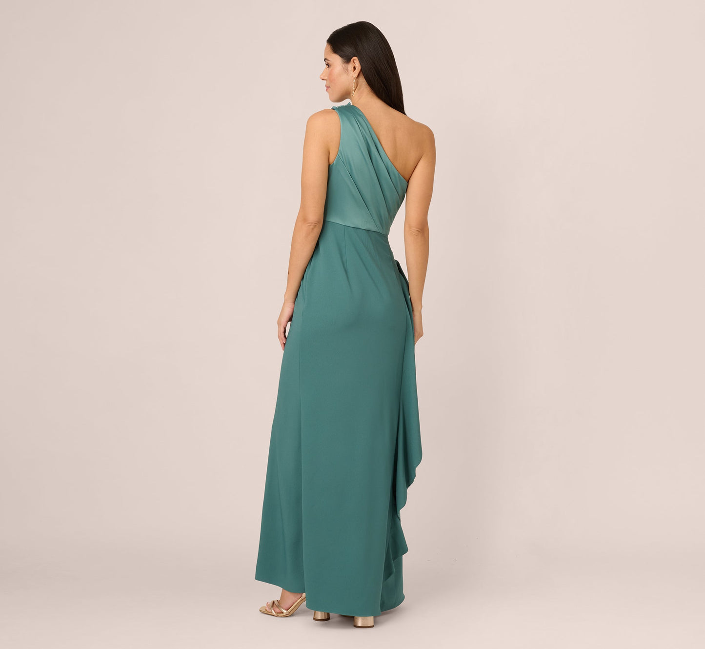 One-Shoulder Long Satin Crepe Mermaid Gown In Green Slate