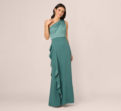 One-Shoulder Long Satin Crepe Mermaid Gown In Green Slate