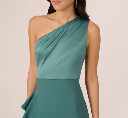 One-Shoulder Long Satin Crepe Mermaid Gown In Green Slate