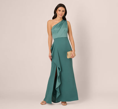One-Shoulder Long Satin Crepe Mermaid Gown In Green Slate