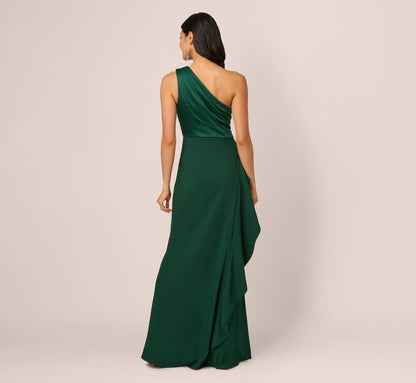 One-Shoulder Long Satin Crepe Mermaid Gown In Deep Forest
